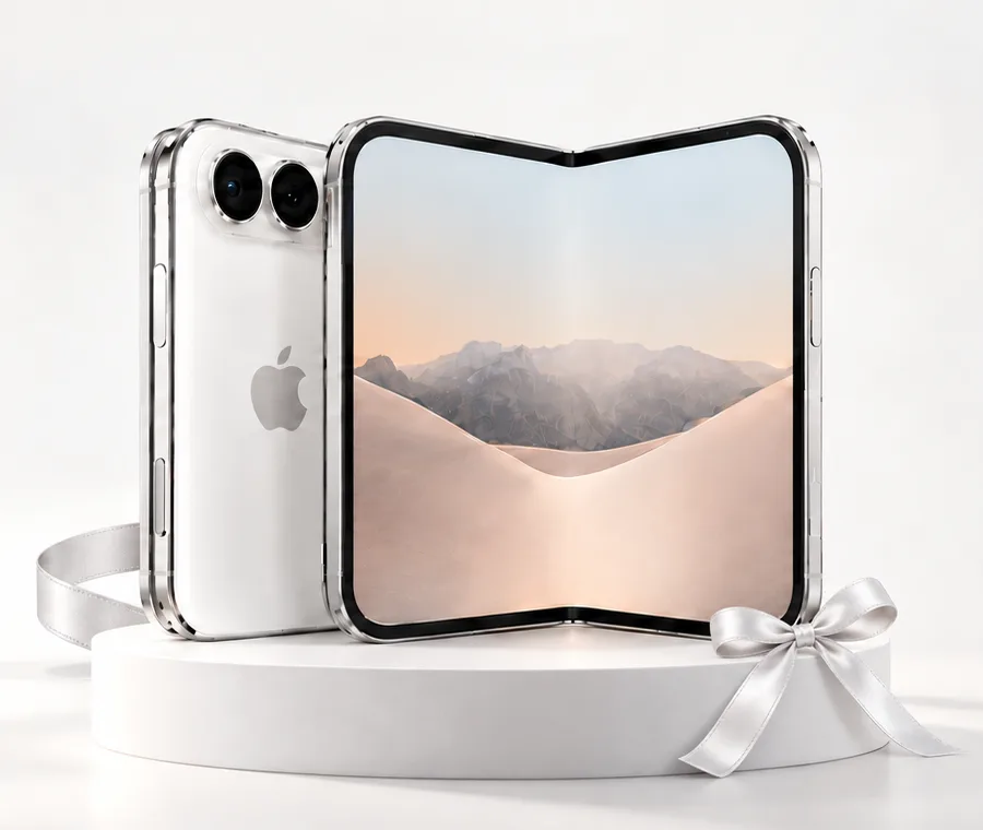 iPhone Duo in Star White, unfolded on a white podium tied with a silver ribbon